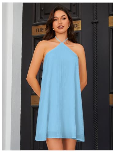Image of OYOANGLE Women's Summer Beach Dresses Sleeveless Halter Tie Back Solid Backless Flared Short Dress