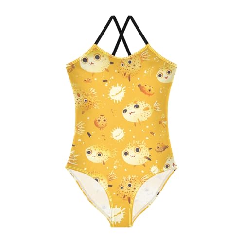 KLL Cute Cartoon Puffer Fishs Girl 1 Piece Swimsuit Summer Swimming Suits with Adjustable Straps UPF 50+