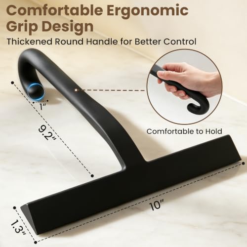 Image of 10 Inch Silicone Shower Squeegee for Glass Doors, Streak-Free, Black | No-Squeak Silicone Blade, Ergonomic Round Grip and Built-In Hook for Quick Daily Cleaning of Shower Glass, Tile and Windows