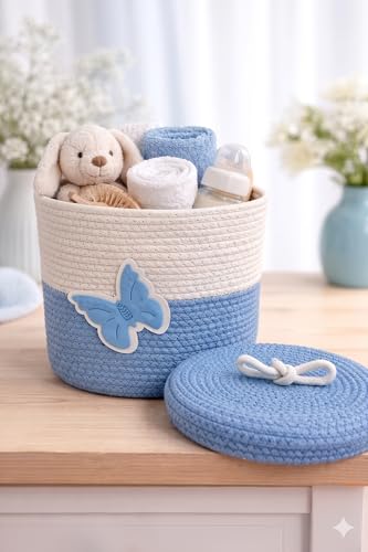 Image of Jute Basket For Storage Cotton Rope Toys Basket With Lid Handwoven Natural Foldable Laundry Hamper for Home, Office, Living Room Size 10x10 inch (unique blue butterfly)
