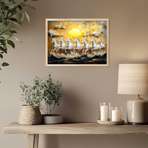 Image of HOTHOUSE 7 Horses Vastu Frame Wall Art Painting for Living Room Bedroom Office Home Decor | Seven Running Vastu Lucky Horse Rising Sun Painting Wall Decor Size (10X13 inch)