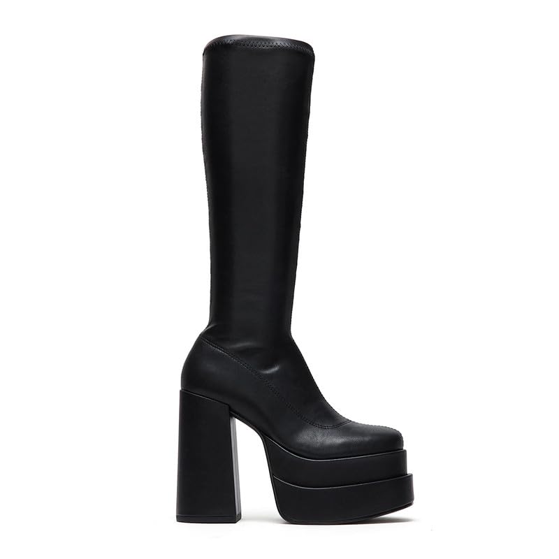 DOEYG Platform Knee High Boots for Women Black Leather Tall Boots Chunky Block Heel Square Toe Boots Dressy
