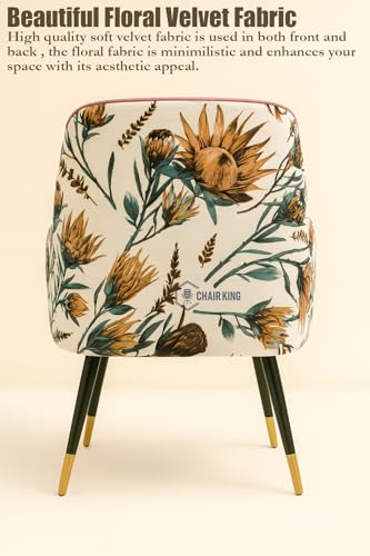 Image of Designer Accent Chair with Floral Printed Back & Footstool | Velvet Lounge Chair for Living Room, Makeup Vanity & Bedroom. (Green Floral Set)