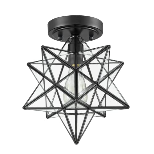 Image of Industrial Black Copper Moravian Star Ceiling Light Clear Glass | 12-inch Ceiling Mount Light, 1-Light Fixture for Living Room Bedroom Kitchen Hallway