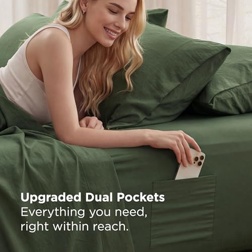 Image of Bedsure Deep Pocket Twin Sheets - 4 Piece, Prewashed Ultra-Soft Twin Sheets Set, Fits Mattresses Up to 18 Inches Thick, Breathable & Secure Fit, Hotel Luxury Bedding, Olive Green