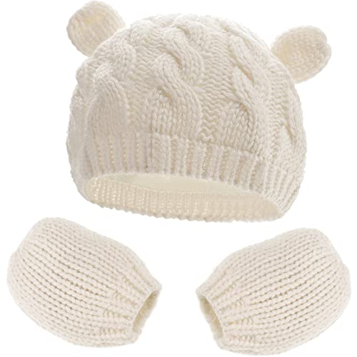 KharmLaddy Conjunto de 0-18 meses de gorro para recién nacido, gorro de punto cálido de invierno, gorro de hospital para niñas pequeñas y niños, blanco, 6 mes Cover