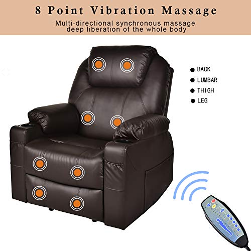 MAGIC UNION Power Lift Electric Recliner Chair PU Leather for Elderly Sleeper Heated Vibration Massage Sofa with Side Pockets USB Charge Port Cup Holder & Massage Remote Control Living Room (Brown)