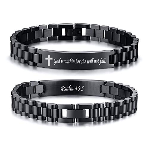 VNOX Personalized Religious Jewelry-Engraved Inspirational Christian Faith Bible Verse Quote Wristbands Elegant Link Bracelet Encouragement Gift,Cassic Watch Band Strap Design Black God is w