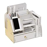 Bivoyud 木製デスクトップ携帯電話収納ボックスオフィス文具雑貨マルチコンパートメント収納ラックペンホルダー、デスクトップストレージ、アクセサリーラック、ペンホルダー、デスクトップラック、文具収納、木製、デスクトップ (ホワイト,大きい)