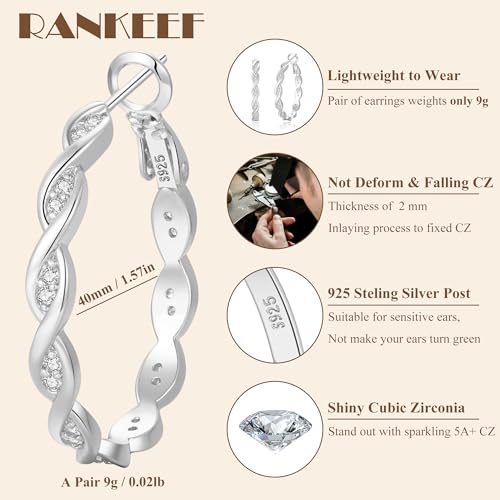 RANKEEF Large Twisted Hoop Earrings for Women with Shiny Cubic Zirconia Hypoallergenic 925 Silver Post Forever Love Hoops Trendy 3D Laser-Cut Sturdy Lightweight Big Twisted Gold Hoops3