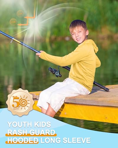 Image of Roadbox Boys Rash Guard UPF 50+ Sun Hoodie Kids Fishing Shirt Long Sleeve