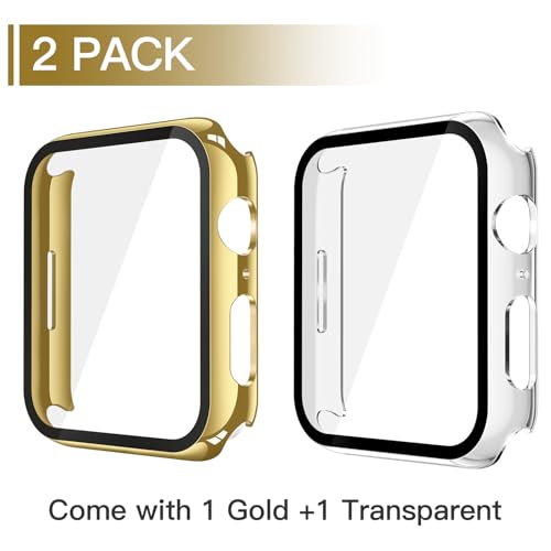 Image of Misxi Screen Protector Case for 44mm Apple Watch SE3 /SE2 /SE /Series 6 /5 /4 | 2-Pack Cover with Tempered Glass for SE3 /SE2 /SE /Series6 /5 /4, Scratch Resistant Sensitive Touch, 1 Gold + 1 Transparent