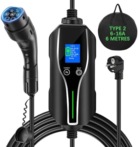 Chargeur Voiture Électrique 3,68kW Type 2 - 8-16A Réglable Avec Écran Digital 6M