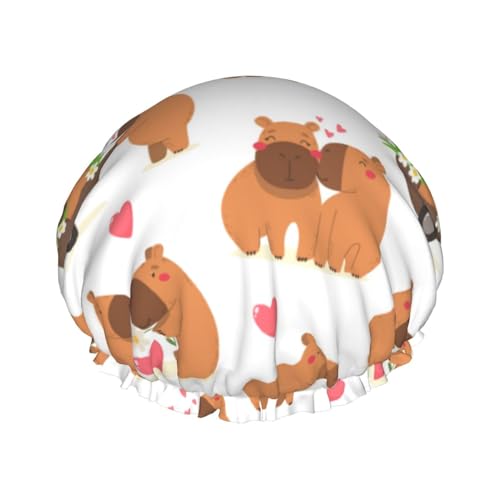 Hair Cap for Shower - Capybaras Valentine's Day Large Shower Cap Reusable Waterproof, Double Layer Shower Cap for Women, Hair Cap for Shower with Peva Lining and Elastic Rope