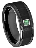 Black Pipe Cut Cobalt Mens Wedding Band with 0.05ctw - 0.10ctw Princess Cut Emerald Birthstone Cobalt Ring - Brushed Center - High Polished Flat Edge Comfort Fit - WG Bezel