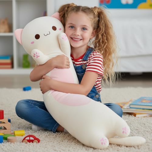 Image of Long Cat Plush Toy - Ultra Soft Cat Plush Pillow Stuffed Animal for Kids & Adults, Kawaii Kitty Body Pillow, Cute Plushie Gift for Kids Girlfriend (Cream, Round Eyes, 90cm /35.43inch)
