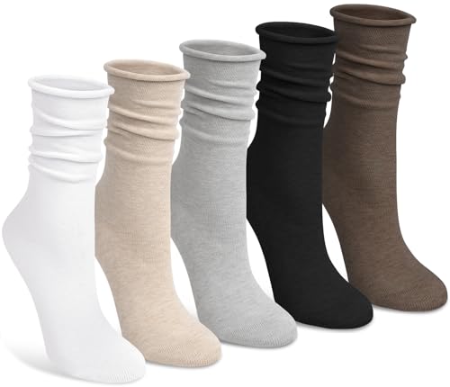 Image of Chalier 5 Pairs Slouchy Socks for Women, Soft Cotton Crew Socks | Breathable Blend, Elastic Cuff, Cute Roll Top, Calf Scrunch Tube, Easy Pull On, Flexible Stretch Motion, Casual Daily Wear