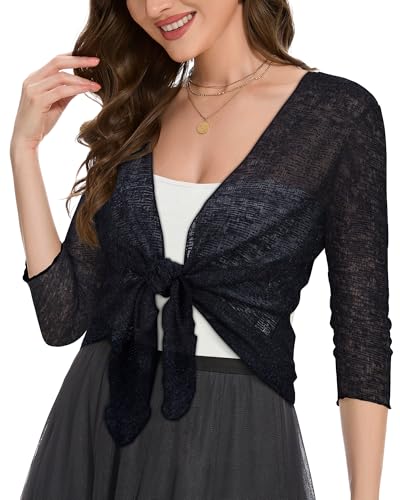 Image of Women Crop Cardigan Sheer Mesh Bolero Shrug for Dress Tie Front 3 /4 Sleeve Tops
