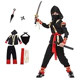 [HASAKI] 忍者コスチューム 子供用 ハロウィン仮装衣装 男の子女の子兼用 上下セット ニンジャコスプレ (5歳〜12歳対応) 忍者ファイター キッズ用 舞台劇 お遊戯会 衣装 (L (120-130cm))