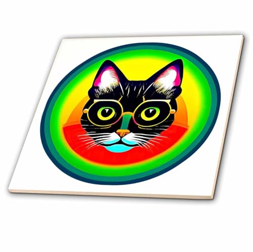 6 Inch Glass Tile - Funny Black cat face in Large Spectacles. Green, Yellow Round Shape Alexis Design - Animals Cat in Round Frame