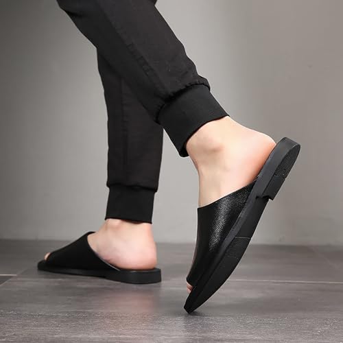 Men's Leather Flat Slides Sandals Comfortable Open Toe Slip On Soft Bottom Anti-Slip Walking Slippers Summer Indoor Outdoor Casual Beach Sandals 7