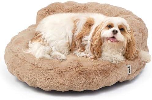 EHEYCIGA Small Dog Bed and Cat Couch for Puppy and Kitten - Fluffy Faux Rabbit Fur Pet Sofa with Washable Removable Cover, Waterproof and Non-Slip, 23 Inch, Camel