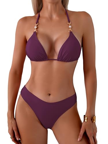 swimall Womens Triangle Bikini Set Cheeky High Cut Sexy Two Piece Swimsuit Cute Halter Bathing Suit - Deep Purple- 421 - Medium