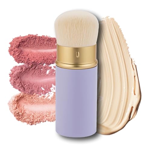 Retractable Face Makeup Brush, Kabuki Brush for Foundation Blush Bronzer Powder Blending Liquid & Cream Face, Portable Flawless Cruelty-Free & Vegan (Purple Round)