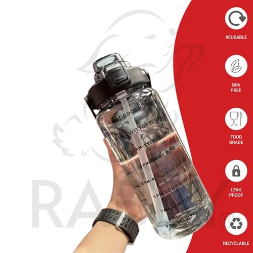 Image of RABBY 2L Motivational Water Bottle for Kids & School Use | Time Marker, BPA-Free, Leakproof Straw Lid, Carry Strap | Plastic Water Bottle for Travel, Sports, Gym, Office, (Black 1Pcs)