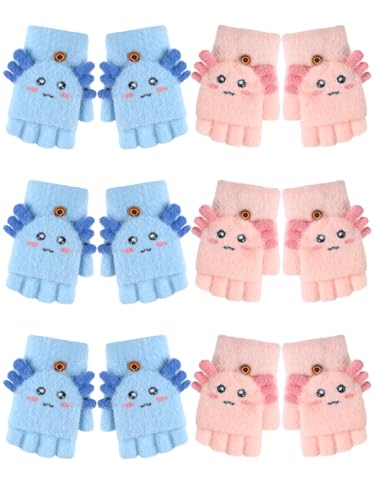 Geyoga 6 Pairs Kids Fingerless Gloves Axolotl Knitted Convertible Flip Top Gloves Winter Toddler Mittens