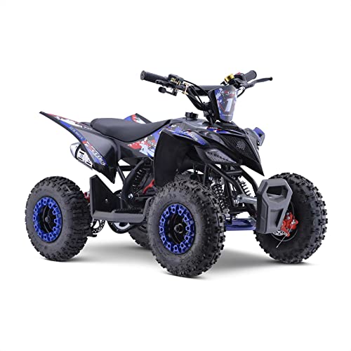 FunBikes Excite 50cc Premium Blue Kids Mini Petrol Quad Bike 2-Stroke Engine Easy Pull Start Twin-Muffler Exhaust 6 Off-Road Tyres Disc Brakes