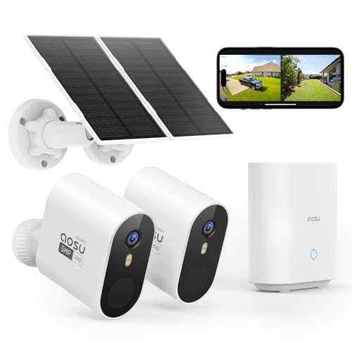 aosu 3K 5MP UHD Überwachungskamera Aussen Solar Akku 2 Cam Kit mit aosuBase 32GB Lokal Speicher Kein ABO Intelligente PIR Personerkennung Farb-Nachtsicht mit Scheinwerfer 2 Wege 166° Weitwin