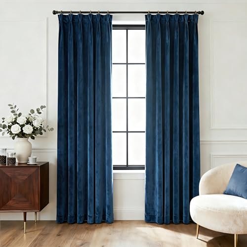 Pinch Pleat Navy Blue Velvet Curtains 84 inches Long for Living Room Thermal Insulated Light Blocking Pleated Velvet Drapes With Rings Modern Costal Luxury Window Curtain Blackout Bedroom