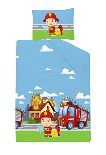 KiGATEX Premium Kinderbettwäsche Feuerwehr 40x60 + 100x135 cm 100% Baumwolle mit Reißverschluss Öko-Tex 100 zertifiziert