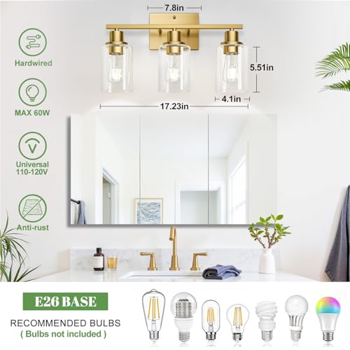 Image of MOKATNG 3-Light Bathroom Light Fixtures, Vanity Light with Clear Glass Shades, Brushed Gold Bathroom Light Fixtures Over Mirror, Modern Bathroom Wall Lamp for Mirror Living Room Cabinet Bedroom