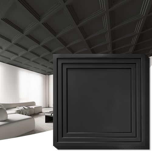 Art3d 12-Pack 2424 Inch PVC Waterproof Drop Ceiling Tiles for Home Décor - 2x2 ft 3D Modern Ceiling Panel for Suspended Grid, Black