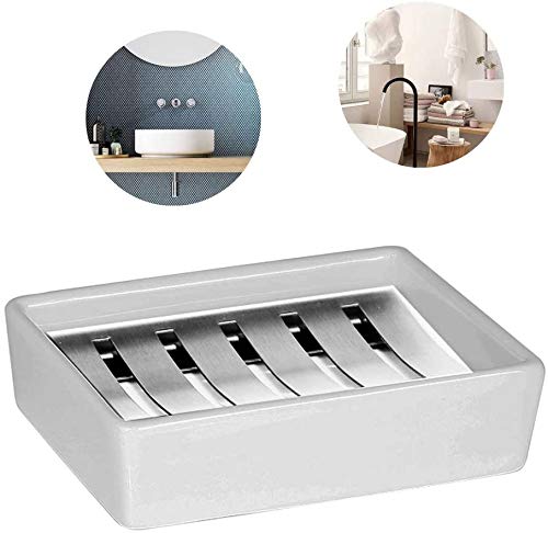Lofekea Jabonera De Cerámica De Doble Capa – 12x8.5 Cm, Blanca, Diseño Elegante, Fácil De Limpiar, Ideal Para Baño, Cocina Y Encimera, Evita Que El Jabón Se Ablande