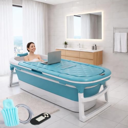 Image of Hukimoyo 6 Feet Bathtub for Adults (148x62x50 cm) Foldable with Temperature Meter & Bath Pillow Portable bath tub for Bathtroom Spa Tub Home Freestanding Hot & Ice Bath For Adults