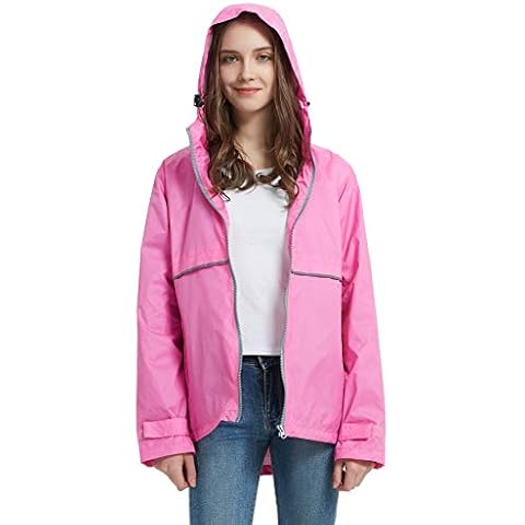 SUNDAY ROSE Women Rain Jacket Lightweight Waterproof Raincoat Hooded Windbreaker-Persian Pink,Size L Cover