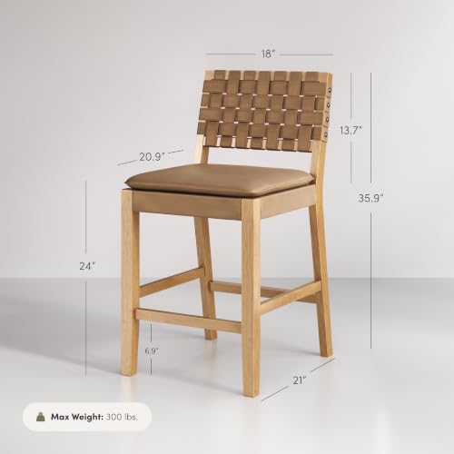 Image of Nathan James Cohen Mid-Century Modern Leather Bar Stool, Counter Height Chair in Solid Wood Frame with Footrest and Woven Leather Back for Kitchen, Natural Brown, 1 count, Barstool - 24 inch