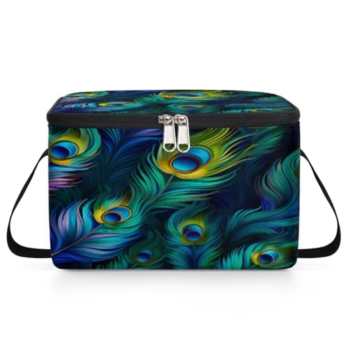 GzLeyigou Peacock Lunch Bags for Women Men 9 Cans, Hot & Cold Food Delivery Bag Insulated Grocery Bag Insulated Lunch Box Peacock Feather Cooler Bag for Office Work Picnic Beach