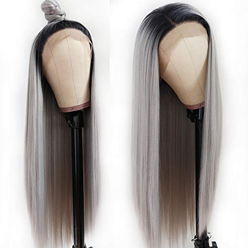 Lezaxiu Grey Lace Front Wigs Long Straight Hair Wigs Ombre Gray Wig Heat Resistant Fiber Hair Glueless Natural Silver Straight Hair Synthetic Lace Front Wigs for Fashion Women 24 inch Lezaxiu Grey Lace Front Wigs Long Straight Hair Wigs Ombre Gray Wig Heat Resistant Fiber Hair Glueless Natural Silver Straight Hair Synthetic Lace Front Wigs for Fashion Women 24 inch