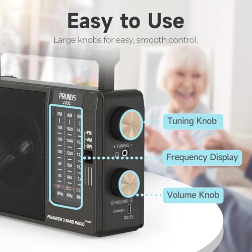 Image of PRUNUS J-03C AM FM SW Radio Built-in Battery or AA Batteries Operated for Home&Outdoor, Large Speaker Excellent Sound, Excellent Reception 49cm ant, Large Tuning Knobs Easy to Use,Gifts for Seniors