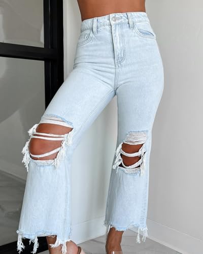 Women's High Rise Cropped Flare Jeans 90's Vintage Distress Denim Pants Fashion Button Straight Trousers3