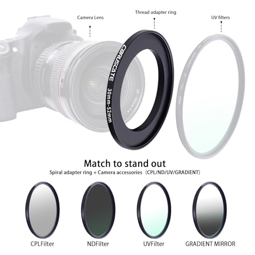 Adaptador de lente para cámara de 30mm a 52mm, cambia el tamaño del filtro o lente de 30mm a 52mm. Compatible con todos los accesorios de filtro con rosca de 52mm + 1 paño de limpieza para lentes. miniatura 5