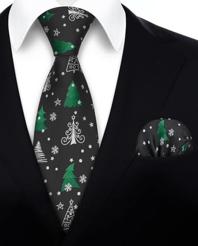 Image of HISDERN Christmas Ties for Men Holiday Tie and Pocket Square Cufflinks Festival Party Xmas Funny Silk Woven Necktie