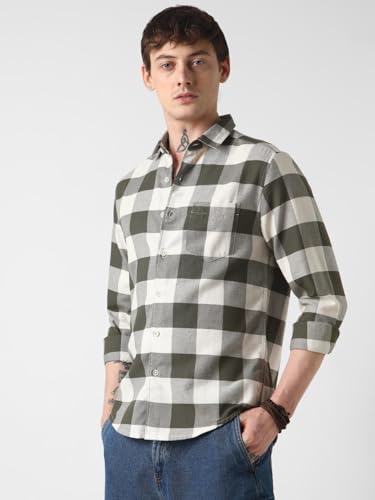 Image of VASTRADO Mens Olive Checked Shirt Cotton, Breathable Fabric | Full Sleeve, Collar Neckline, Short Length | Casual Wear, Timeless Style