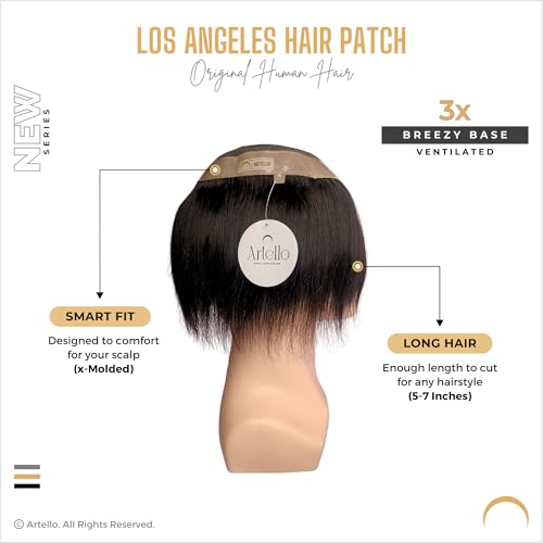 Image of Artello LOS ANGELES Smart Hair Patch for Men, Smooth Hair Wig in 100% Natural Human Hair, Breathable Mono Lace for Net Ventilation, 3x Breezy Base (Colour: Natural Black) (7x5)
