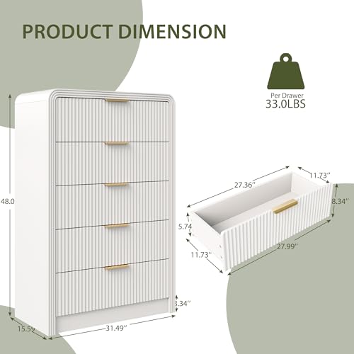 Image of Decofy Fluted 5 Drawers Dresser, 48 inch Tall Modern Chest of Drawers with Round Edge & Metal Handle, Wood Drawer Organizer for Living Room, Bedroom, Entryway, Hallway (White)
