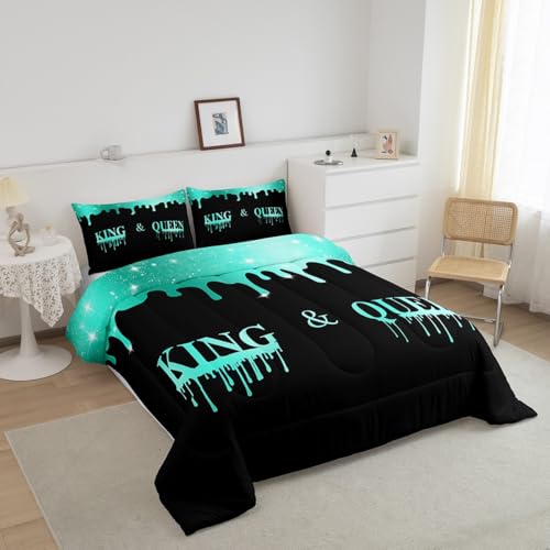 Image of Feelyou Couple Glitter Green King Queen Comforter Set Twin Size, Mr Mrs Comforter for Man Woman Valentine Day Bedding Set Anniversary Duvet Set Microfiber Bed Set